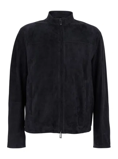 Emporio Armani Blue High Collar Suede Sweatshirt