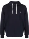 Emporio Armani Ribbed Navy Cotton Hoodie With Drawstring In Blue