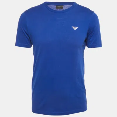 Pre-owned Emporio Armani Blue Logo Embroidered Jersey Crewneck T-shirt S