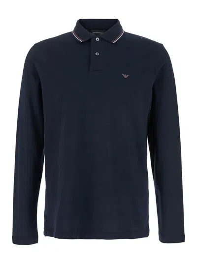 Emporio Armani Blue Long Sleeve Polo Shirt With Logo Embroidery