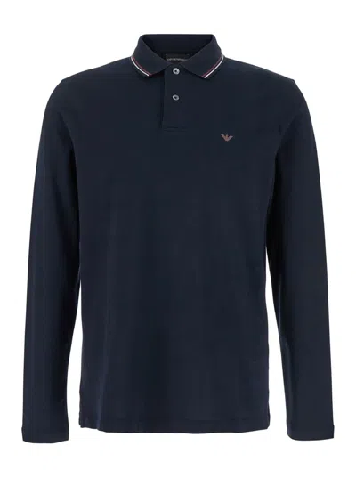 EMPORIO ARMANI BLUE LONG SLEEVE POLO SHIRT WITH LOGO EMBROIDERY IN STRETCH COTTON MAN
