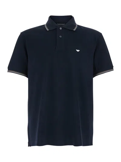 Emporio Armani Blue Polo Shirt With Classic Bicolor Collar And Logo Embroidery On The Front In Cotton Man