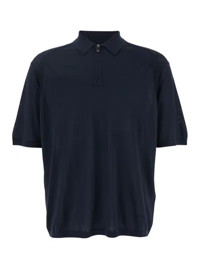 Emporio Armani Blue Polo Shirt With Zip Closure And Tonal Logo Embroidery On The Front In Multicolor