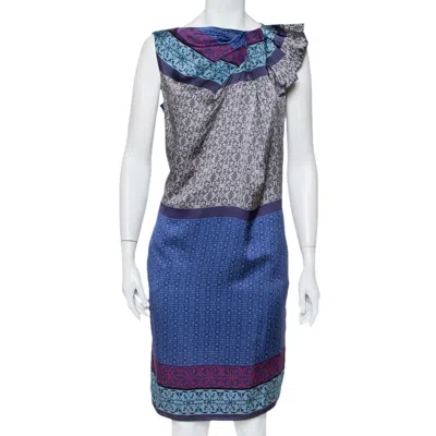 Pre-owned Emporio Armani Blue Printed Silk Draped Neck Detail Shift Dress M