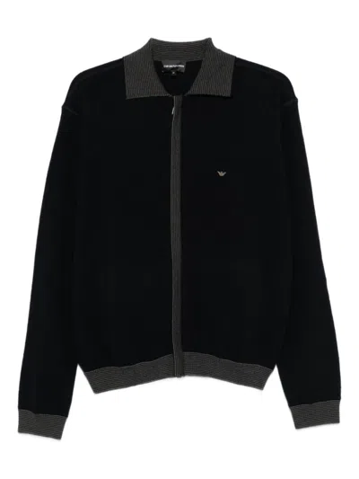 EMPORIO ARMANI BLUE RIBBED-TRIMMED ZIP-UP CARDIGAN