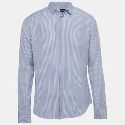 Pre-owned Emporio Armani Blue Striped Cotton Blend Button Front Shirt L