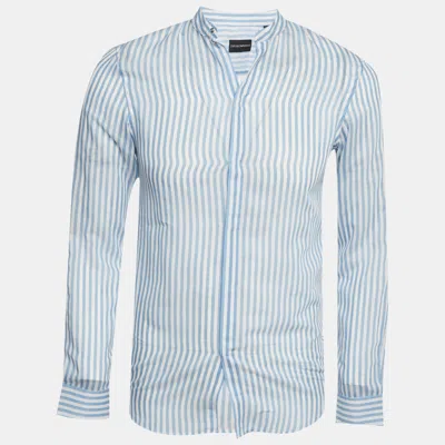 Pre-owned Emporio Armani Blue Striped Cotton Blend Madeiran Collar Shirt S