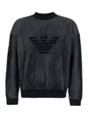 Emporio Armani Blue Sweater With Eagle Logo In Ribbed Wool And Cotton Man In Blue
