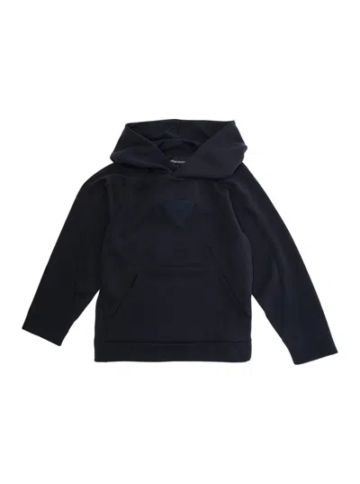 Emporio Armani Kids' Blue Sweatshirt With Fixed Hood And Logo Detail On The Front In Tech Fabric Stretch Boy