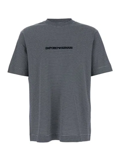 Emporio Armani Blue T-shirt With Logo Embroidered On The Front And All-over Striped Motif In Offwhite/riga Navy L