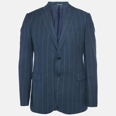Pre-owned Emporio Armani Blue Textured Pinstripe Wool Blazer L