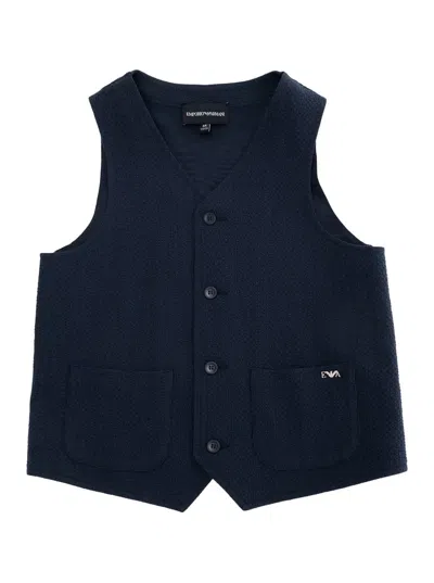 Emporio Armani Kids' Blue Vest With V-neck And Metallic Logo On The Front In Viscose Blend Boy