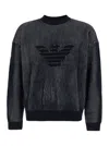 Emporio Armani Blue Sweater With Eagle Logo In Ribbed Wool And Cotton Man In Blue