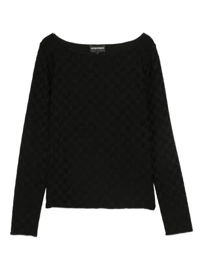 Emporio Armani Geometric Pattern Boat-neck Textured Knit Jumper In Black