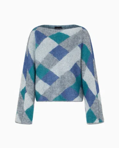 Emporio Armani Boat-neck Jumper In Jacquard Wool-mohair Blend With An All-over Pattern In Multi
