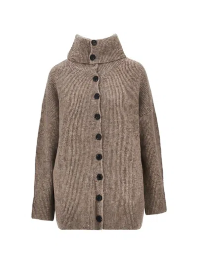 Emporio Armani Boteh Capsule Ribbed-knit High-neck Cardigan In Brown