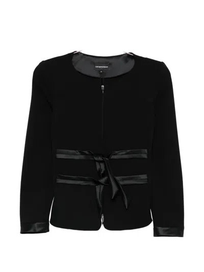 Emporio Armani Fitted Blazer Round Neck Long Sleeves Satin In Black