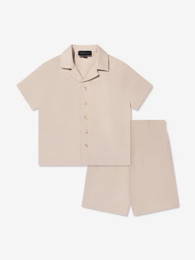 Emporio Armani Kids' Boys Linen Shirt And Shorts Set In Beige