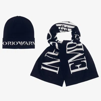 Emporio Armani Kids' Boys Navy Blue Knitted Hat & Scarf Set In Black