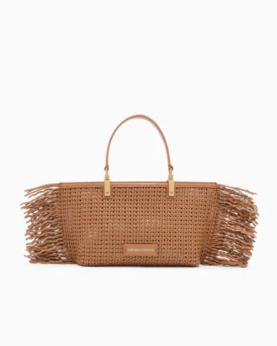Emporio Armani Braided Handbag With Fringe Detail In Camel