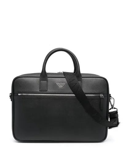 Emporio Armani Regenerated Saffiano Leather Business Bag In Black