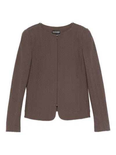 EMPORIO ARMANI BROWN CHEVRON-PATTERN ZIP-FRONT JACKET