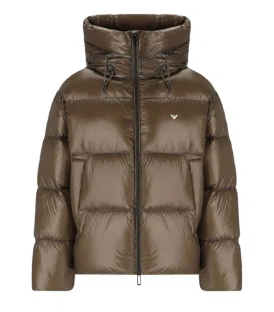 Emporio Armani Brown Hooded Down Jacket With Logo