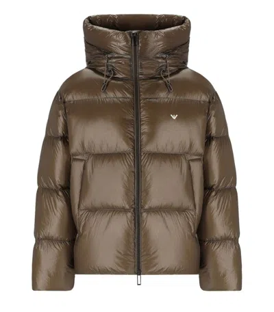 EMPORIO ARMANI EMPORIO ARMANI  BROWN HOODED DOWN JACKET WITH LOGO