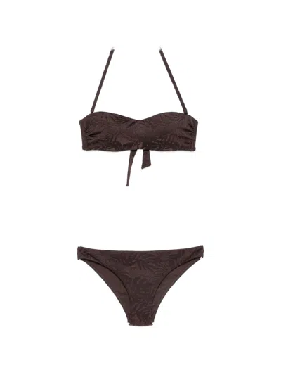 Emporio Armani Brown Jacquard-logo Pattern Halterneck Rear Tie Fastening Bandeau Top Low-rise Briefs In Gray