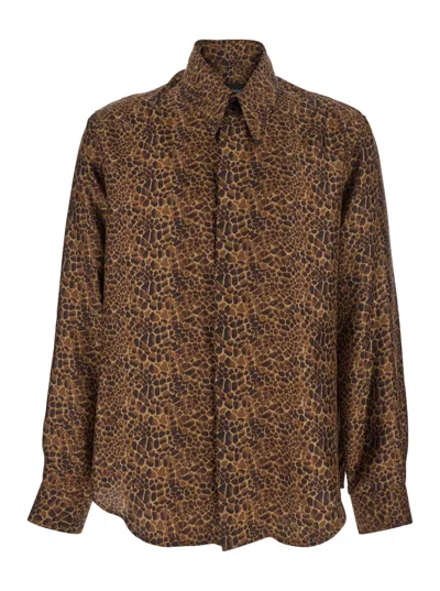 Emporio Armani Brown Shirt With Leopard Print And Pointed Collar In Silk Man