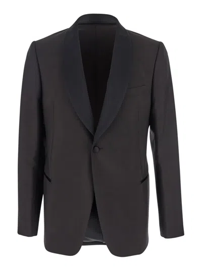 EMPORIO ARMANI BROWN SINGLE-BREASTED JACKET WITH SHAWL REVERS IN WOOL BLEND MAN