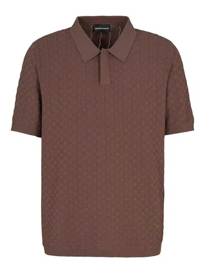 Emporio Armani Brown Viscose Blend Patterned Knit Polo Shirt