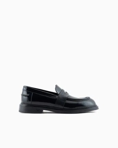 Emporio Armani Official Store Brushed Leather Loafers In Black
