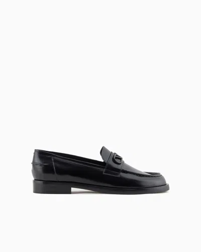 Emporio Armani Official Store Brushed Leather Loafers With Eagle Plate In Black