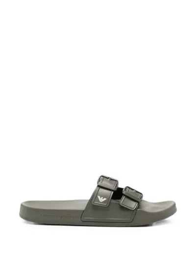 Emporio Armani Buckle-strap Slides In Gray