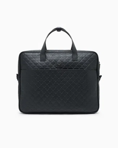 Emporio Armani Business Bag In Leather With All-over Embossed Eagle In Black