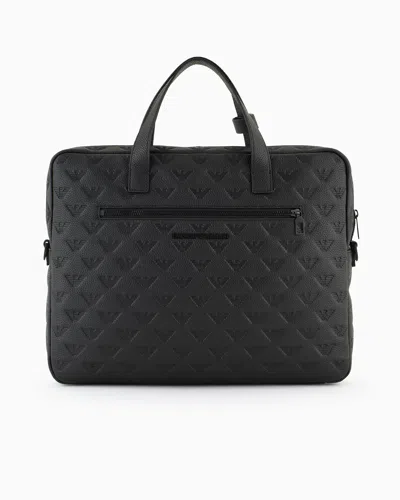 Emporio Armani Business Bag In Leather With All-over Embossed Eagle In Black