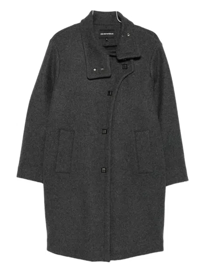 Emporio Armani Long Wool Blend Coat With High Collar In Gray