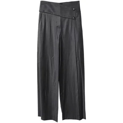 Emporio Armani Buttoned Asymmetric Waistband Wide Leg Trousers In Black Cotton