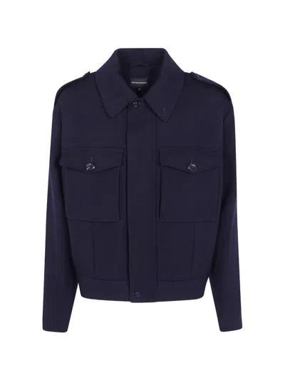 Emporio Armani Denim Collared Jacket Long Sleeves Casual In Blue