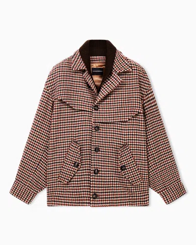 Emporio Armani Caban Coat In Houndstooth Virgin Wool With A Ribbed Collar In Patterned
