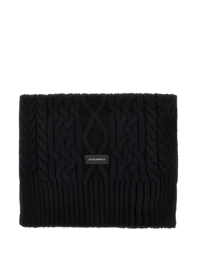 Emporio Armani Virgin Wool Scarf With Cable Knit And Ribbed Edges In Black