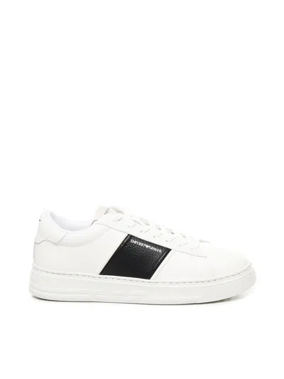 Emporio Armani Calfskin Logo Sneakers In White