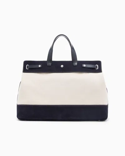 Emporio Armani Canvas Shopper Bag With Leather Details In Neutral