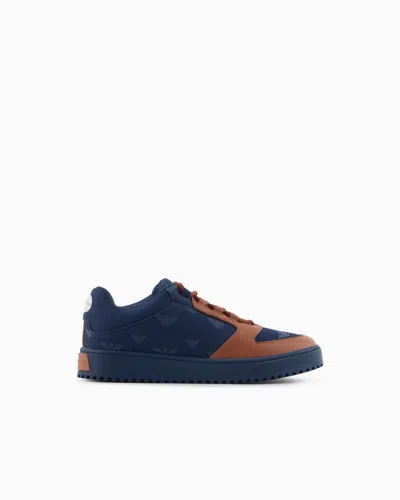 Emporio Armani Canvas Sneakers With All-over Eagles In Blue