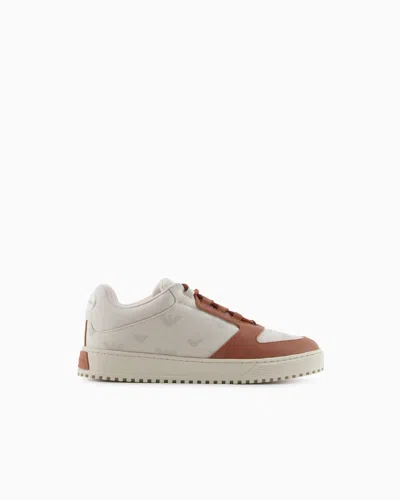 Emporio Armani Canvas Sneakers With All-over Eagles In Neutral