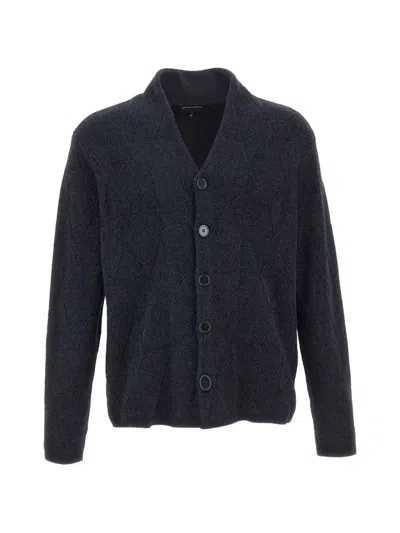 Emporio Armani Cardigan In A Virgin Wool-blend With Fancy Rib Details In Multi