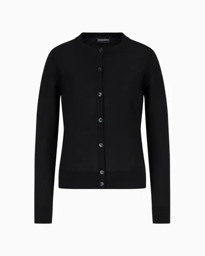 Emporio Armani Cardigan In Plain-knit, Pure Virgin Wool In Black