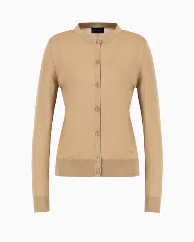 Emporio Armani Cardigan In Plain-knit, Pure Virgin Wool In Camel
