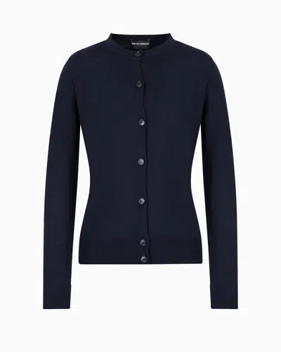 Emporio Armani Cardigan In Plain-knit, Pure Virgin Wool In Navy Blue